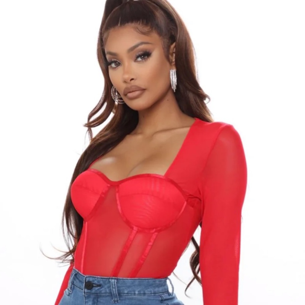Fashion nova red mesh long sleeve boned padded top